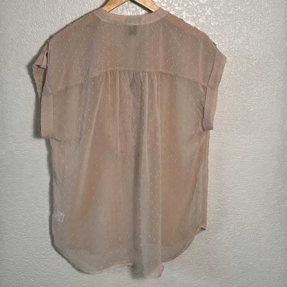New Direction Women’s Large Tan Top Short Sleeve Sheer V Neck‎ Swiss Dot Lace - Picture 4 of 6